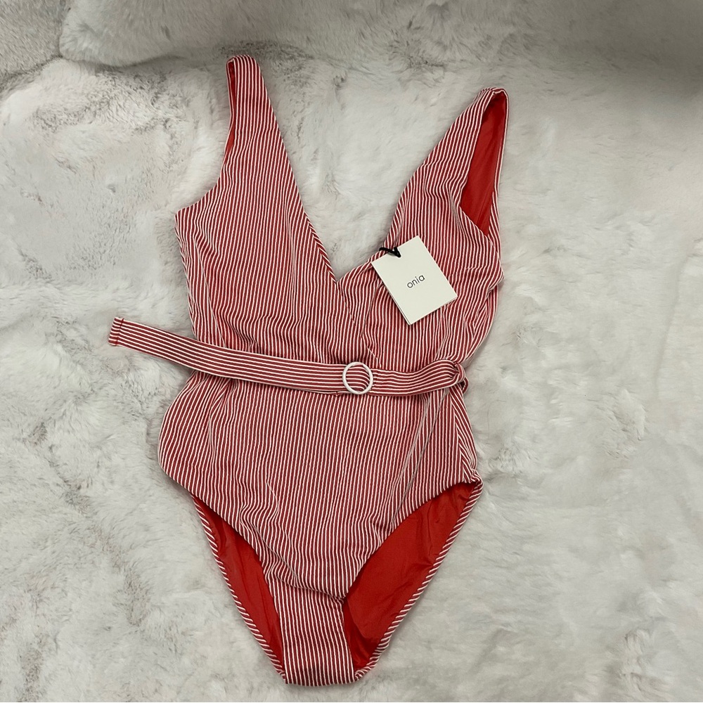 Onia Michelle Coral & White Striped Belted V-Neck One-Piece Swimsuit